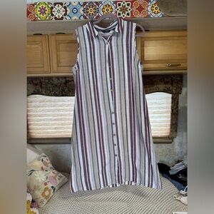 Sleeveless Button-Front Striped Dress in Cream and Plum